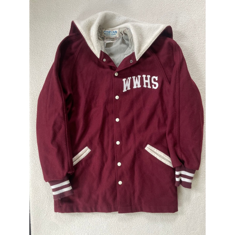 Vintage Spartan Womens 40 Varsity Jacket Maroon‎ WWHS Cheerleader Zip Hood Wool